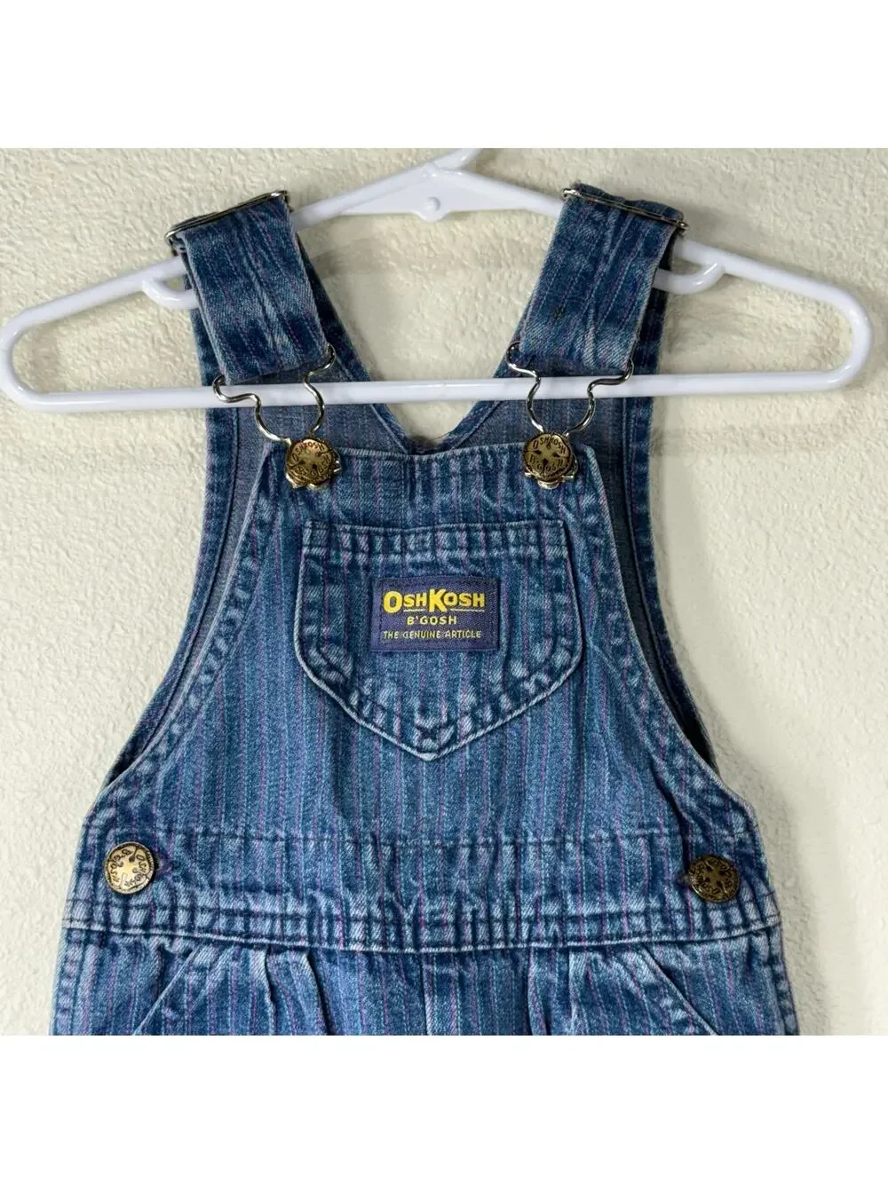 Vintage 80s OshKosh B'Gosh Pink Striped Toddler Baby Vestbak Denim Overall 18 Mo